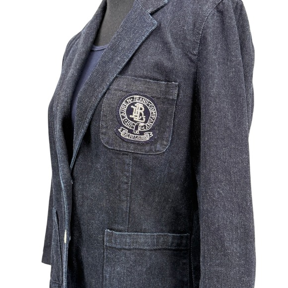 Lauren‎ Jeans Co Women's Denim Blazer Jacket Embroidered Logo 90s Y2K  Large - Picture 5 of 10